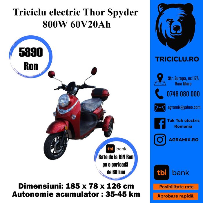 Triciclu electric Thor Spyder 800W tuk-tuk nou Agramix
