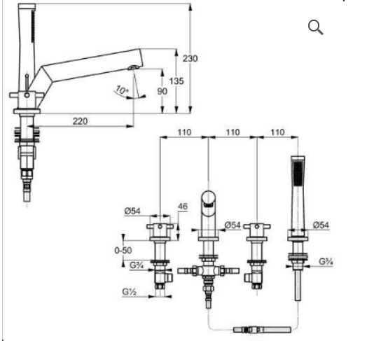 Baterie Kludi Bozz cu montaj pe cada, din patru elemente.