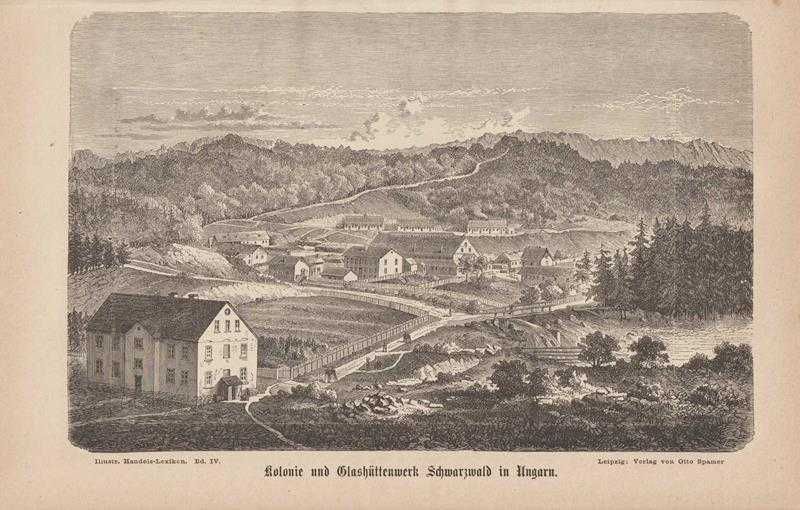 Gravură lemn din 1878 - Colonie de sticlărie Pădurea Neagră, Bihor