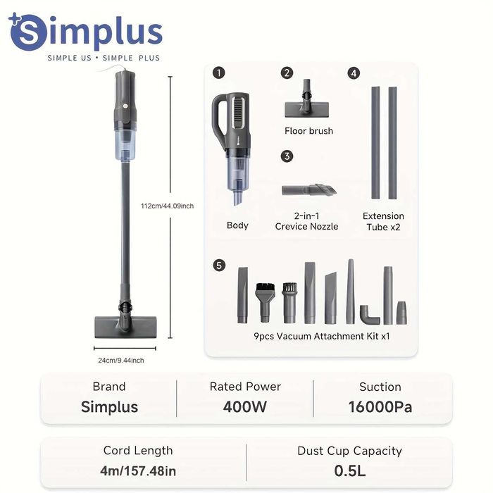Прахосмукачка с Кабел 2 в 1 Simplus Ръчна и Вертикална, 16000PA, 400W!