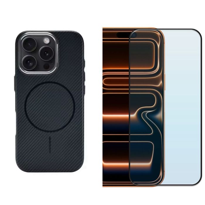 Husa Plastic Carbon Magsafe + Folie Sticla - Iphone 15/16/PRO/MAX/PLUS