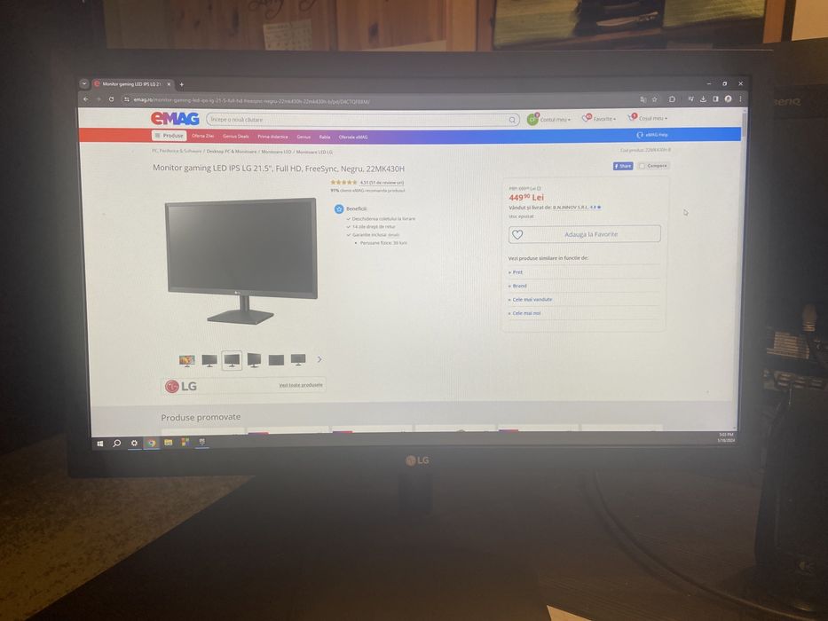 Monitor gaming LED IPS LG 21.5", 75Hz, Negru, FreeSync, Fara burn in