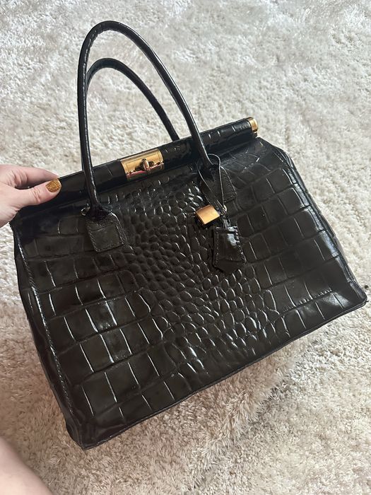 Geanta de piele cu bareta de umar si model piele de reptila, Negru