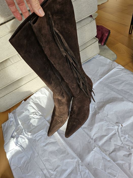 Cizme din piele naturala captusite cu piele, mar. 37, nubuc, franjuri