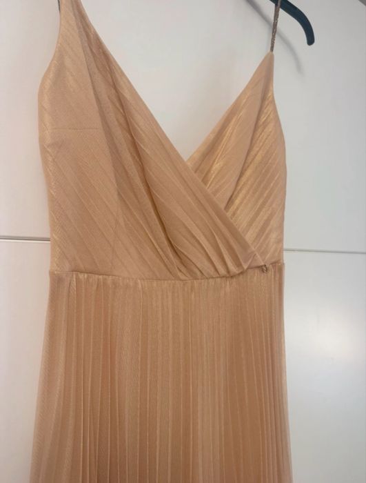 Rochie Nissa midi cu pliuri si bretele, auriu S