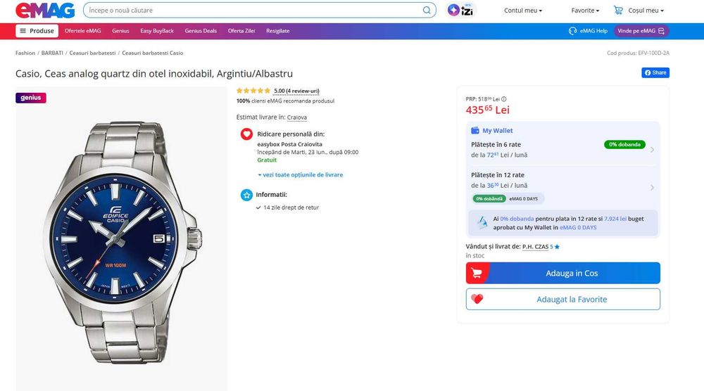 Ceas barbati Casio, quartz din otel inoxidabil, Argintiu/Albastru, impecabil, purtat o singura data.