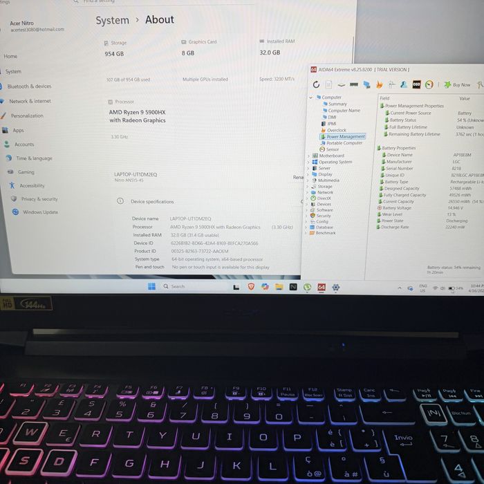 Acer Nitro 5/144Hz 15.6”/RTX 3080 8GB/Ryzen 9 5900HX/32GB/1TB NVMe/RGB