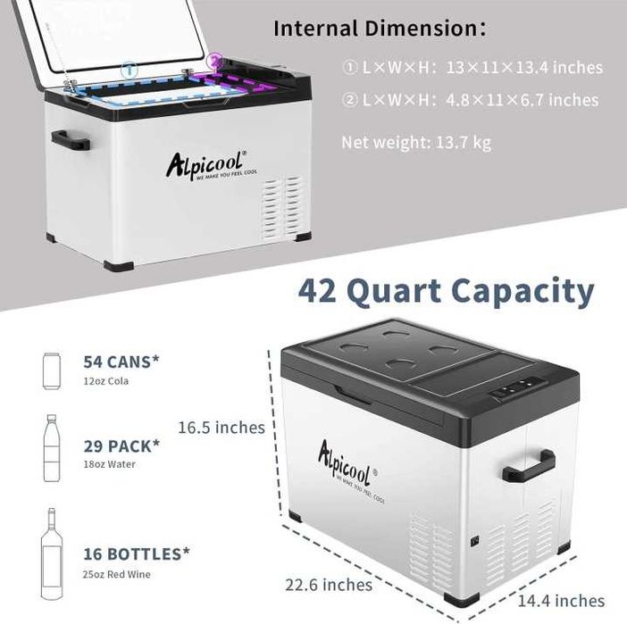 Alpicool 40L компресорен авто хладилник с фризер Bluetooth 12V 24V 220V хладилна кутия