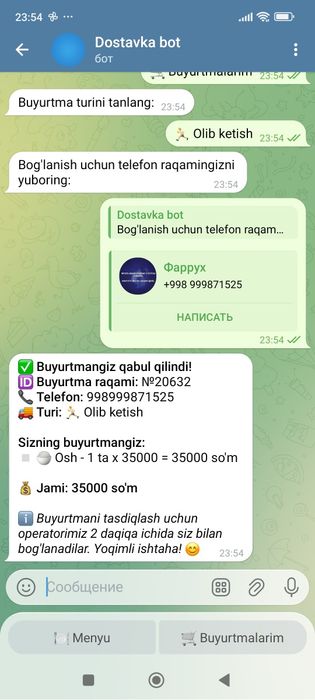 Kafe, Restoranlarga dostavka bot, HR bot, lyuboy telegram bot yasaymiz
