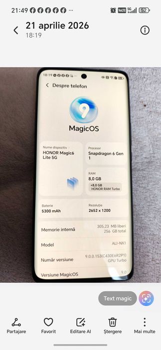 Vând telefon HONOR MAGIC6  LITLE5G, stare impecabila.
