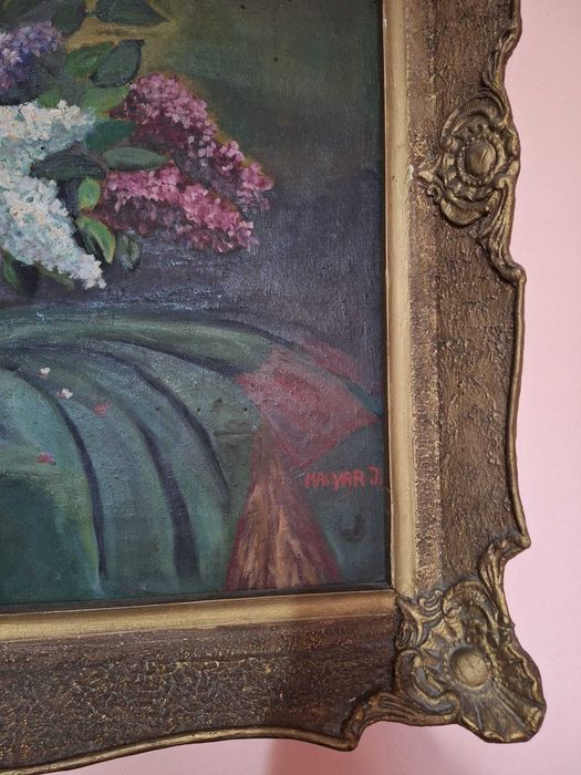 Tablou Impresionant „Liliac în Vază” - Semnat Magyar J. - Ramă Baroc