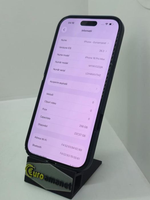 Telefon mobil Apple iPhone 16 Pro Max, 256GB, 5G, Black Titanium -A-