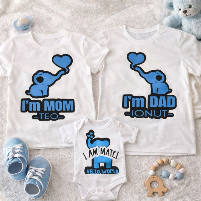 Set tricouri personalizate familie + body bebe - model elefant
