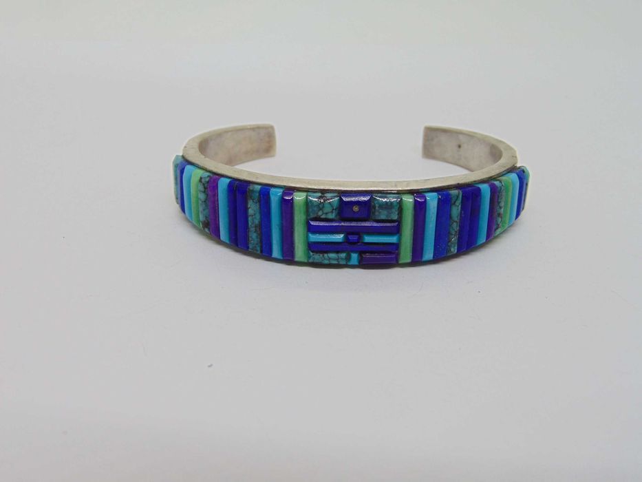 Bratara amerindiana navajo din argint cu inlay turcoaz, lapis lazuli