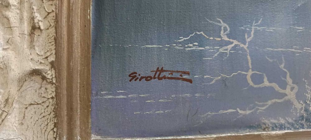 Tablou vechi, peisaj de iarna, Girotti. Pictura in Panza