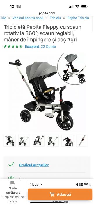 Tricicletă Pepita Fleppy cu scaun rotativ la 360°, scaun reglabil