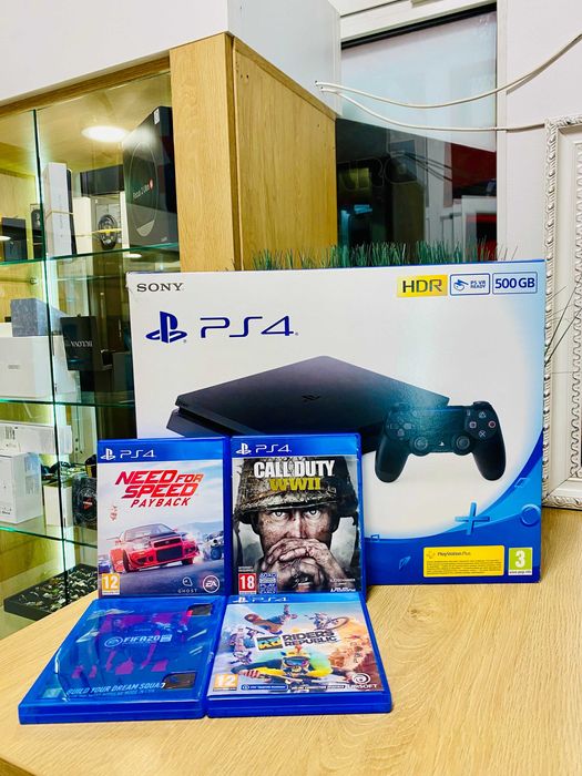 КАТО НОВ !!! Sony PlayStation PS4 Slim 500GB, Black + 4 Игри