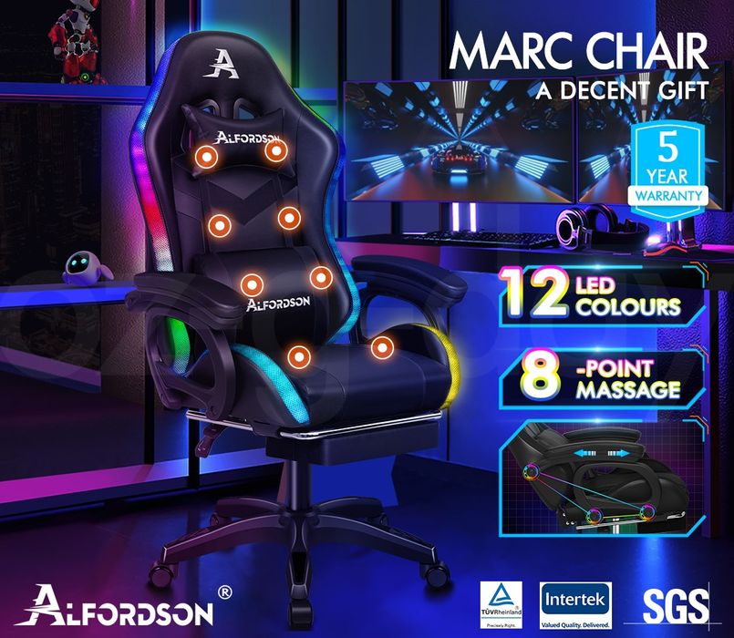 Масажен Геймърски стол  с 8-точков масаж 12 цвята,RGB LED светлина