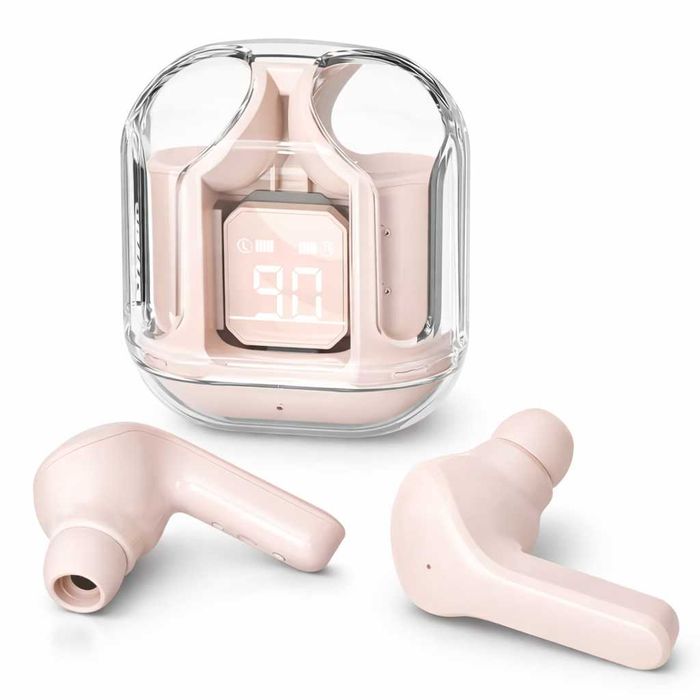 Безжични Bluetooth слушалки с LED дисплей и прозрачен заряден калъф