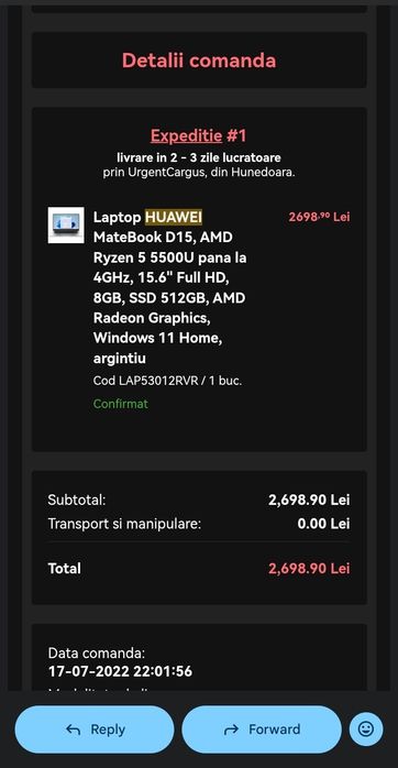 Laptop Huawei Matebook D15 | Ryzen5 5500U | 8GB RAM  | 512GB SSD