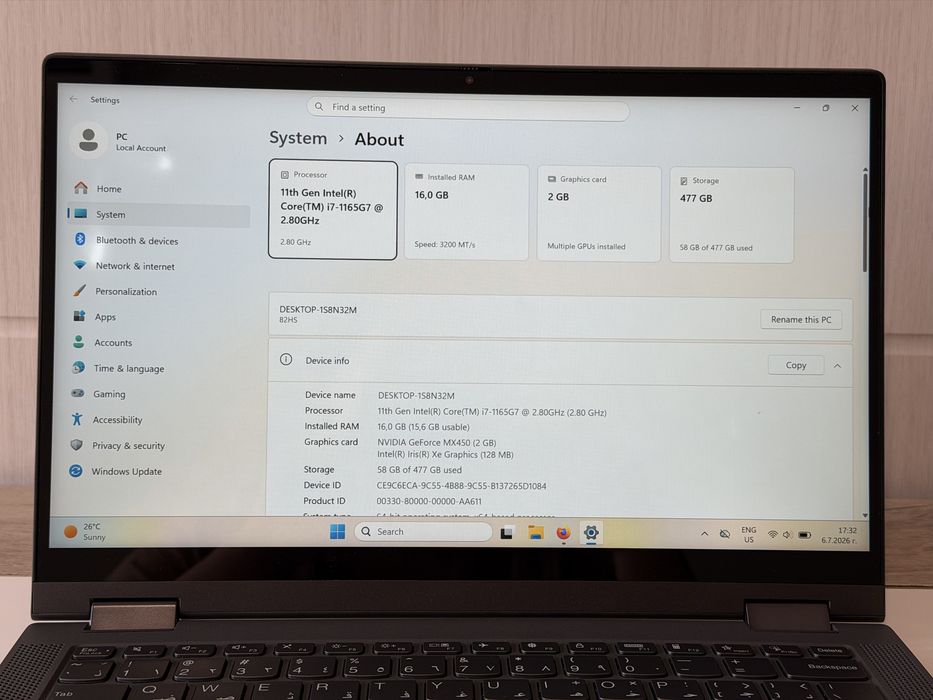 Lenovo Ideapad Flex 5, i7-1165G7, MX450, 16GB, тъчскрийн