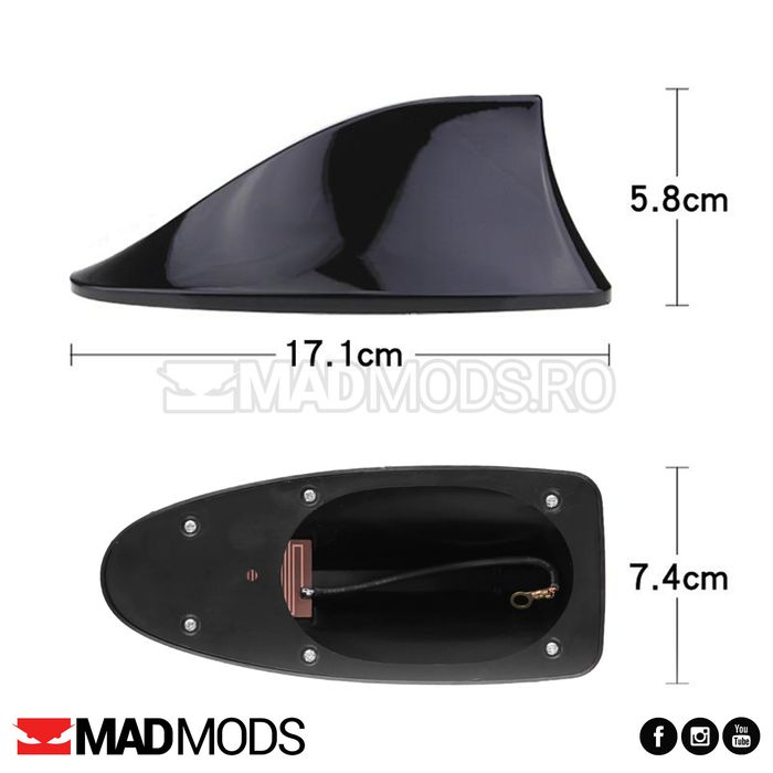 Antena scurta radio auto, Shark, Cu amplificare semnal, Negru lucios
