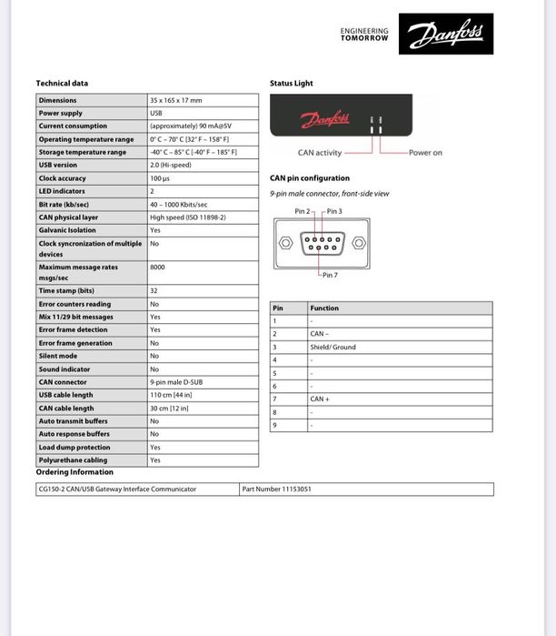 Interfață comunicator Danfoss CG150 CAN/USB Gateway