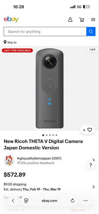 Ricoh Theta V 4K Spherical 360 Degrees VR Camera