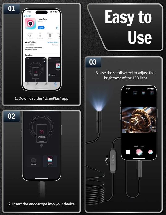 Endoscop HD 1920P cu LED, IP67, cablu 5m