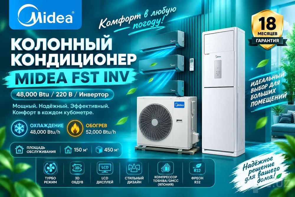 Колонный кондиционер Midea 48,000 Btu работает от 220В / Инверторный