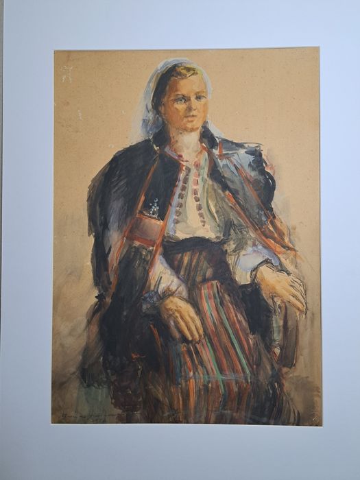 Pictură,"Tânără în port popular",Viorica Ana İonescu (n.1900-d.?)