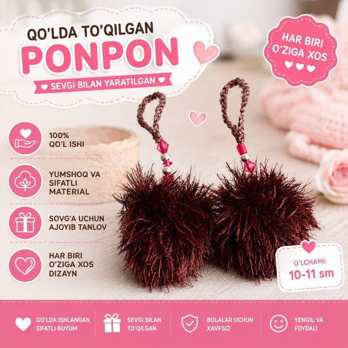 PONPON Sumka, kalitlat to'plami va mashina uchun bezak brelok, xunarma
