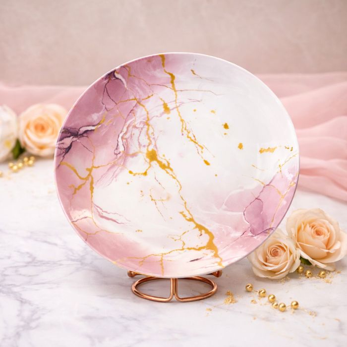 Set serviciu masa opal 32 piese, 6 persoane, alb cu model marmura roz si detalii aurii, farfurii si cesti incluse, model ONIX