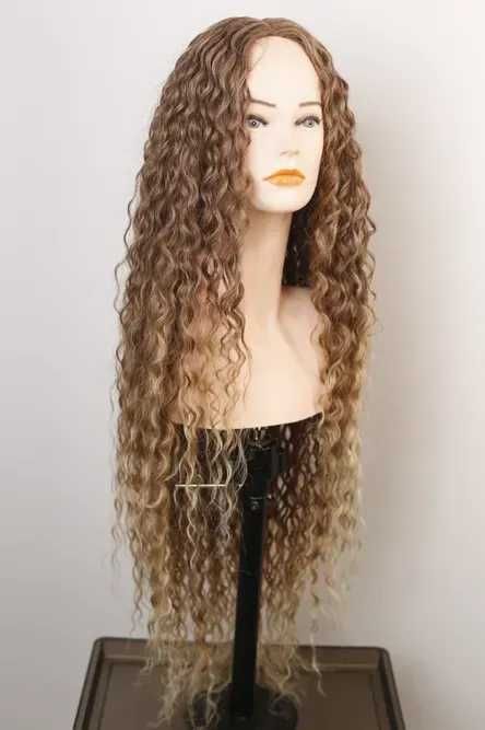 Омбре къдрици 80 см - кафява перука с реалистичен път 13x4x1