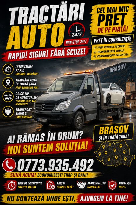 Tractari auto. Platforma auto. Asistenta rutiera Non-Stop