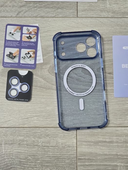 Husă iPhone 17 Pro Max MagSafe + Protecție Lentile – Albastru Sclipici