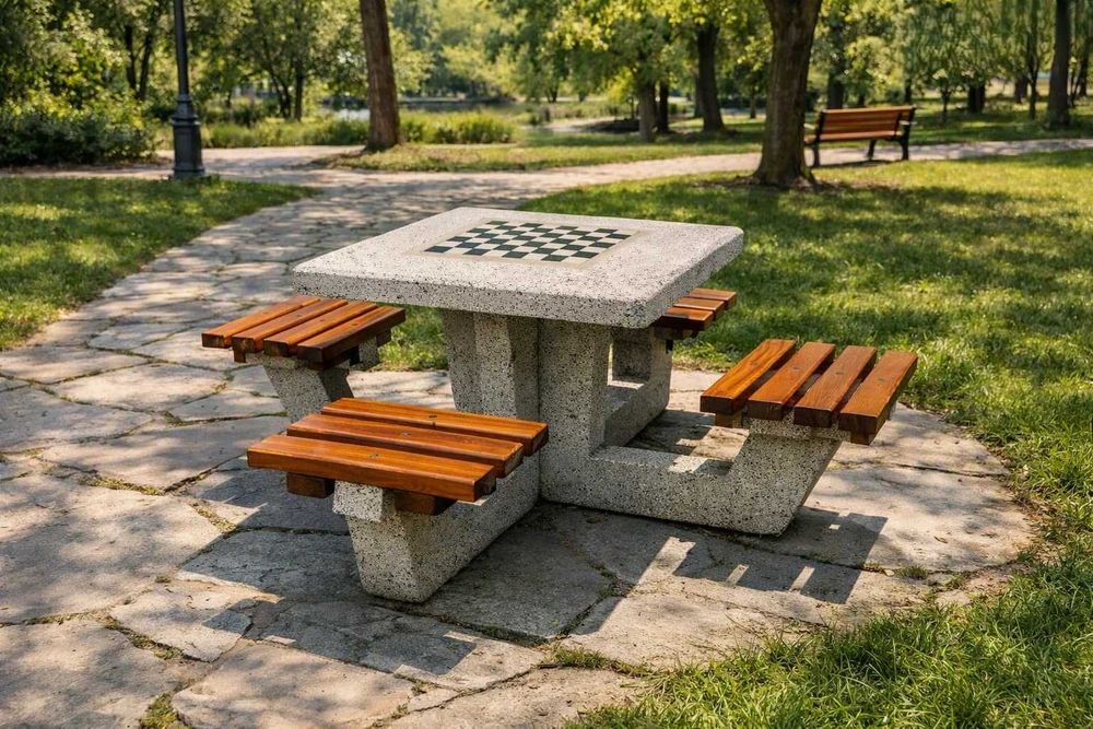 Set Masă de Șah din Beton și Marmură Albă cu 4 Scaune – Rigle din Stejar