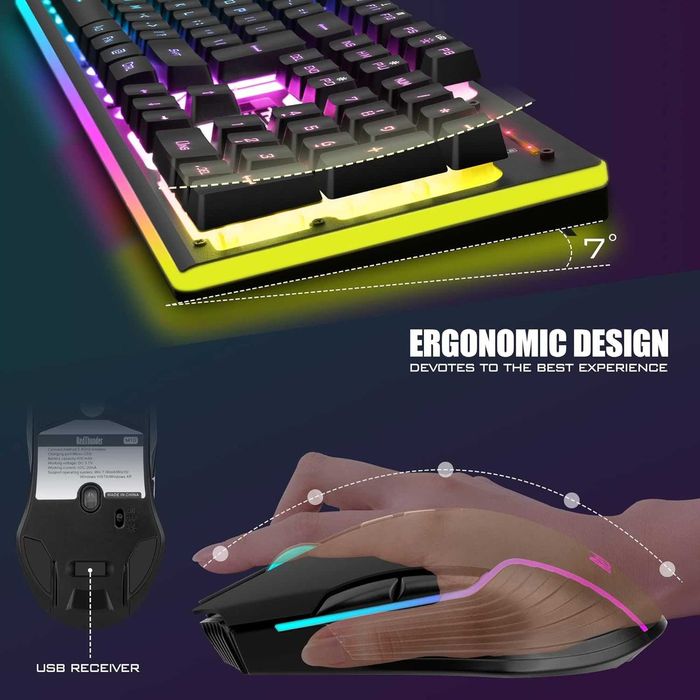 Set Tastatură mouse wireless gaming RedThunder K10,3800mAh,lumini LED