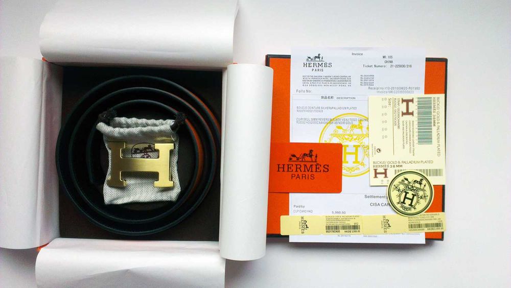 Колан hermes 118см 32mm дволицев Noir\ Gold ( кафяв / черен катарама златна )