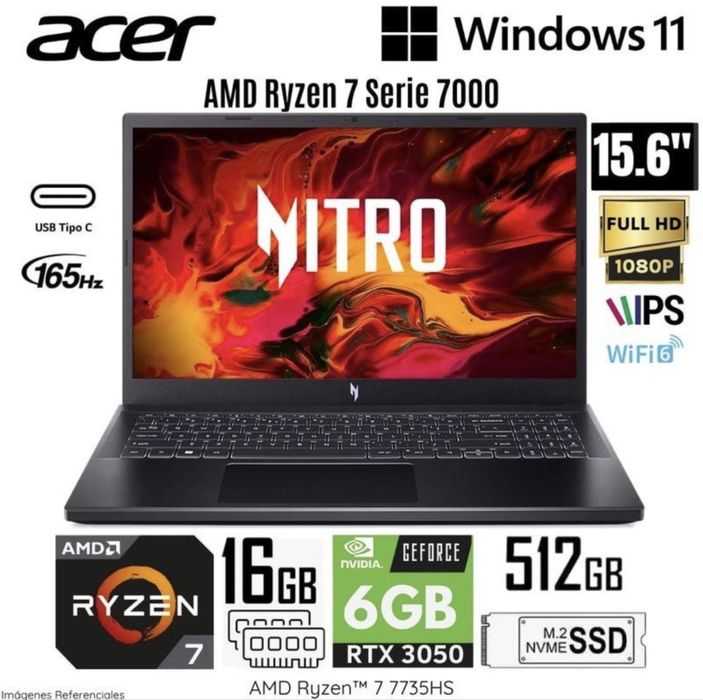 Acer Nitro V15 rtx 3050 ti 6gb raizen 7 7000