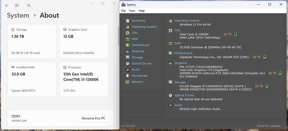 PC gaming Intel i5 12600K/RTX 3060 12GB/32Gb DDR5 / M2 512GB + 1TB HDD