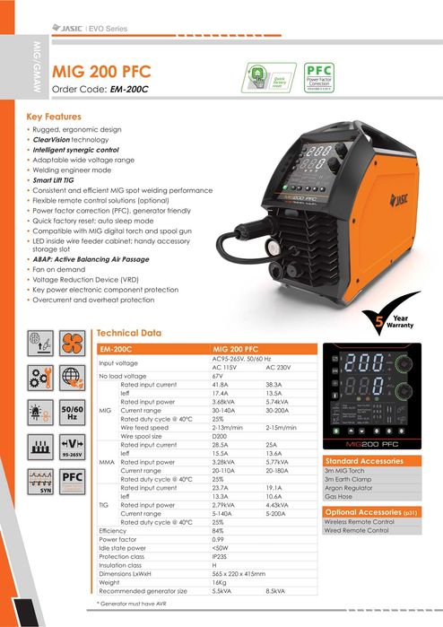 Заваръчен апарат МИГ/МАГ телоподаващо, JASIC MIG 200/250 PFC