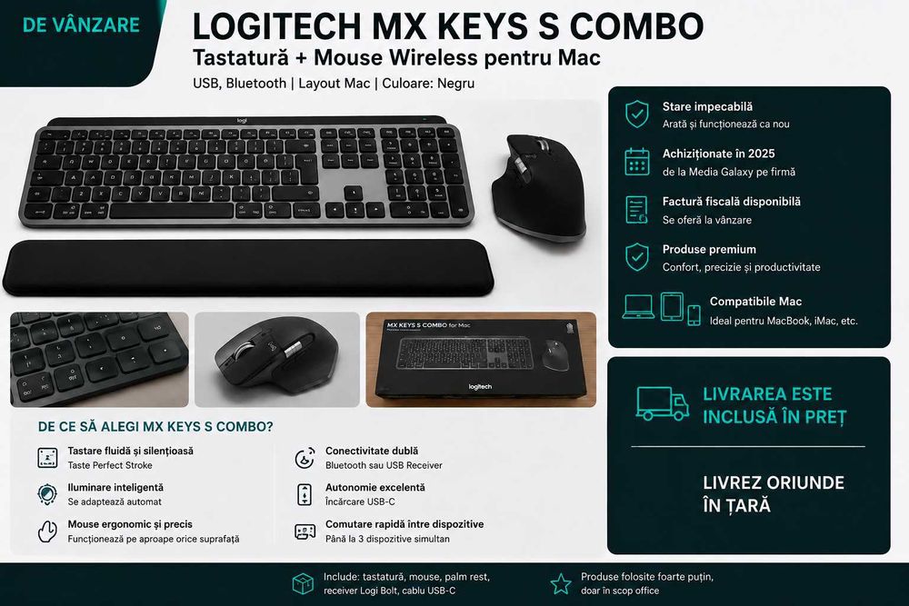 Kit tastatura si mouse Wireless LOGITECH MX KEYS S Combo