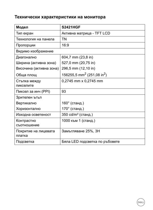 Монитор Dell S2421HGF 23.8 инча (60.45 см)