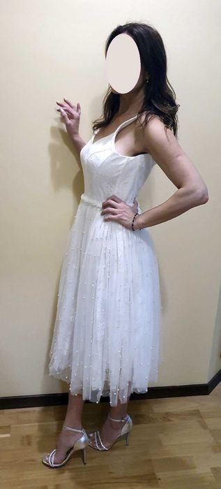 Rochie alba Mademoiselle, cu dantela si perle