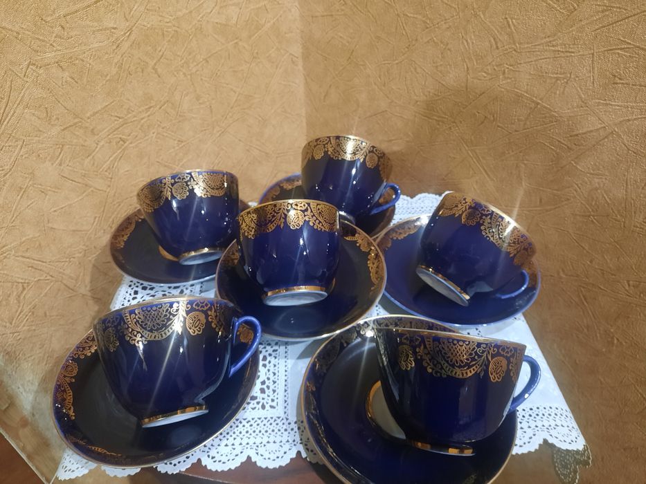 6 Чайных  пар "Золотой фриз"  по кобальту с цветами, ЛФЗ, 6 чашек и 6