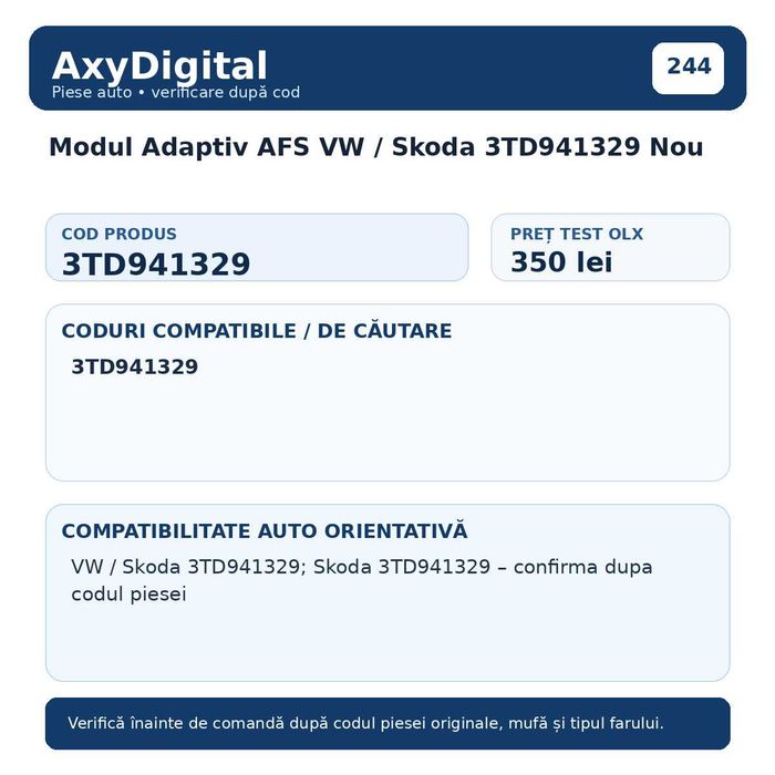Modul Adaptiv AFS VW / Skoda 3TD941329 Nou