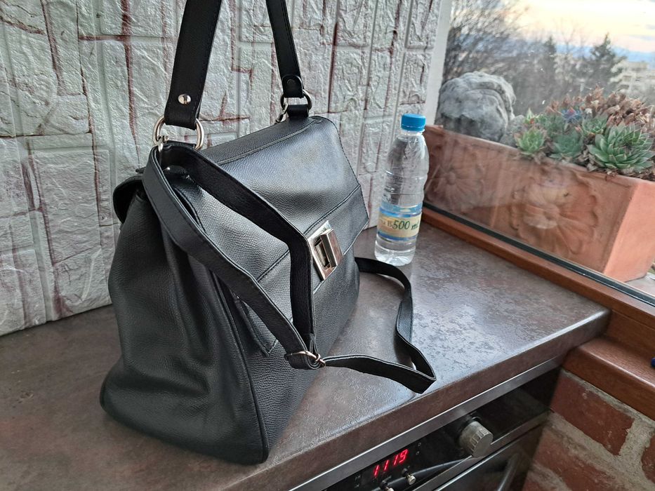 дамска чанта,черна кожена торба-естествена кожа