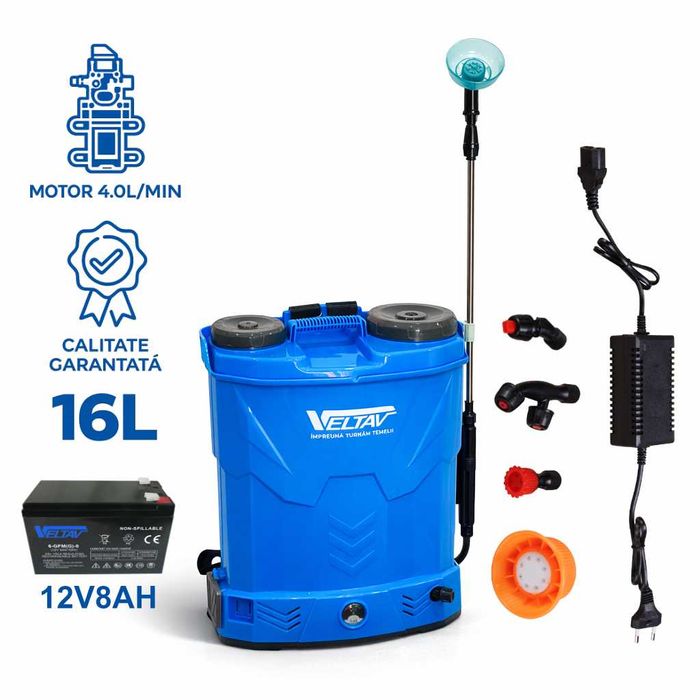Pompa de stropit 16L cu acumulator 12V/8Ah Veltav, debit motor 4l/min,