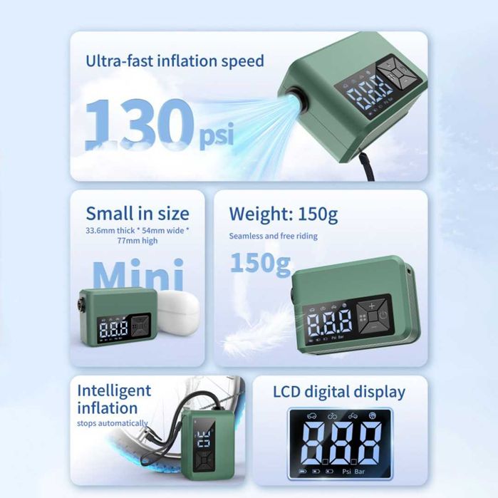 Компактен преносим акумулаторен компресор 150PSI, 580mAh, 150g, TAPE-C